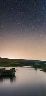 Starry night sky over a calm lake with reflective waters.