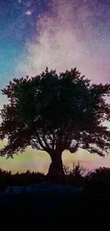 Silhouetted tree against a starry night sky with vibrant cosmos colors.