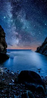 Starry night sky over ocean with cliffs creating a serene and tranquil scene.