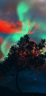 Silhouetted tree with aurora against vibrant sky.