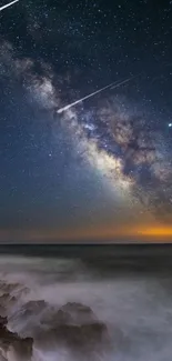 Stunning wallpaper of the starry night sky over a calm ocean with meteors.