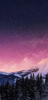 Starry night sky and snowy mountains wallpaper for mobile screen.