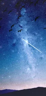 Vivid night sky with shooting star and birds silhouetted.