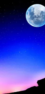 Mobile wallpaper with moon and stars in a vibrant night sky.