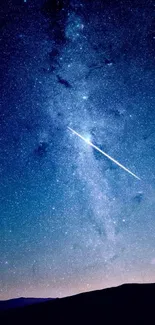 Starry night sky with a shooting star above a silhouette landscape.