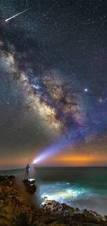 Vibrant night sky with Milky Way over ocean.