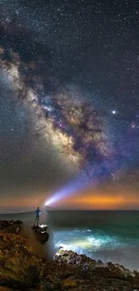 Night sky wallpaper featuring Milky Way over ocean, ideal for smartphones.