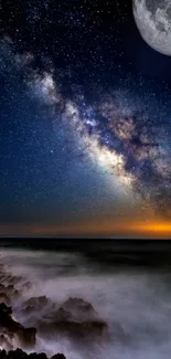 Starry night sky with Milky Way and ocean view under moonlight.