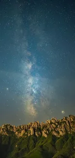 Milky Way over mountains at night, creating a stunning sky view.