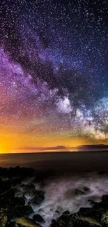 Vibrant night sky with galaxy and stars over a scenic coastline.