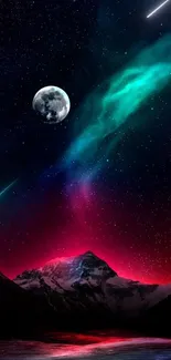 Mobile wallpaper with night sky, meteors, and aurora over mountains.