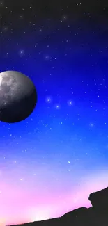 Moonlit night sky with stars and colorful gradient.