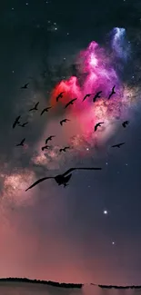 Stunning night sky wallpaper with galaxy and birds.