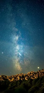 Starry night sky over mountains with galaxy view and cosmic details.