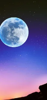 Mobile wallpaper of a night sky with a bright moon and colorful gradient horizon.