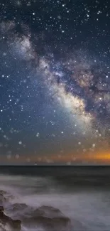 Vibrant night sky with stars and Milky Way over a calm seascape.