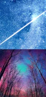 Mobile wallpaper of a starry night sky with a shooting star and colorful auroras.