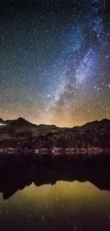 Starry night sky over mountains and lake.