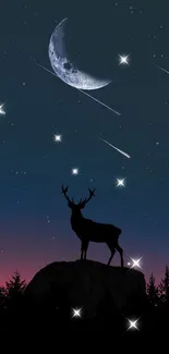 Silhouette of a deer under a starry sky with a moon and shooting stars.