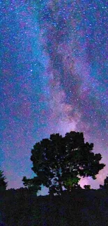 Silhouette of trees under a vibrant Milky Way night sky.