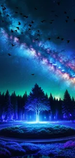 Breathtaking wallpaper of night sky, galaxy, and illuminated forest scene.