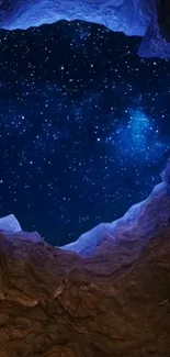 Cave opening revealing starry night sky with cosmic view.