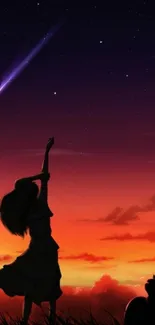 Silhouette reaching for shooting star under vibrant orange sky.