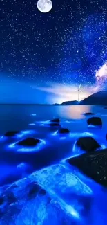 Vibrant night sky and glowing ocean wallpaper with stars and moon.