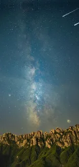 Star-filled night sky over rugged mountains with shooting stars.