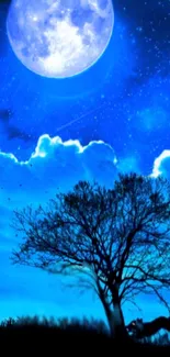 Blue night sky wallpaper with moon and stars.