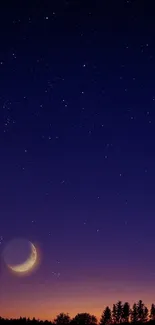 Crescent moon and starry night sky with a purple gradient over trees.