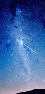 A breathtaking night sky featuring a luminous shooting star against a deep blue background.