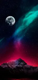 Night sky with moon, aurora, and mountain scenery.