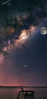 Vibrant night sky with galaxy and moon over a dock.