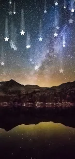 Milky Way over mountains reflection in serene night sky.