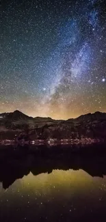 Beautiful night sky wallpaper with Milky Way over mountains and reflection.