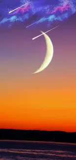 Mobile wallpaper featuring a crescent moon, sunset, and shooting stars.