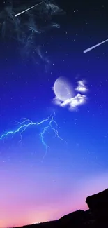 Night sky wallpaper with moon, stars, and lightning over a silhouette landscape.