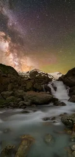 Waterfall under a vivid starry night sky, showcasing natural beauty.