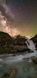 Starry night over a waterfall with galaxies visible in a serene natural setting.