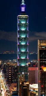 Taipei 101 illuminated at night in a vibrant cityscape view.