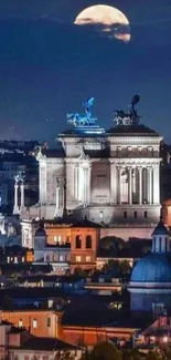 Rome skyline under the full moon with illuminated architecture.