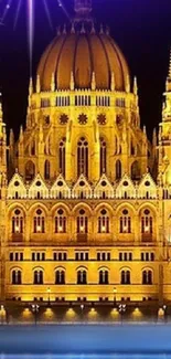 Golden architectural castle at night with glowing lights.