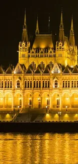 Illuminated Gothic castle reflecting on water at night.