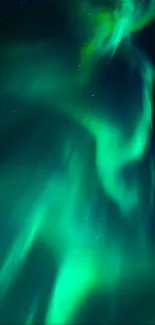 Vibrant green aurora borealis in a dark night sky.