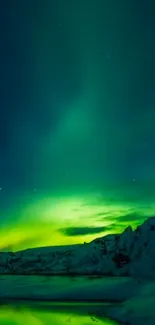 Vibrant green Northern Lights over icy landscape.