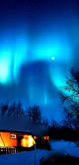 Bright Northern Lights over snowy cabin at night.