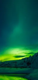 Vibrant Northern Lights over snowy arctic landscape, reflecting in calm water.