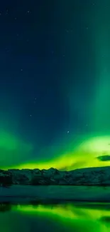 Vibrant green aurora borealis over snowy mountains and reflective lake.