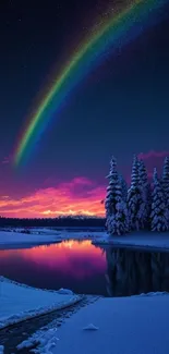 Aurora borealis over snow landscape at sunset, vibrant sky hues.